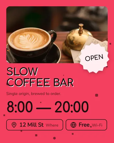 Card design starburst-deal-03 in the playful mood — sample card “Slow Coffee Bar”