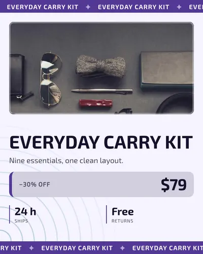 Card design ticker-tape-02 in the tech mood — sample card “Everyday Carry Kit”