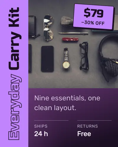 Card design vertical-title-01 in the tech mood — sample card “Everyday Carry Kit”