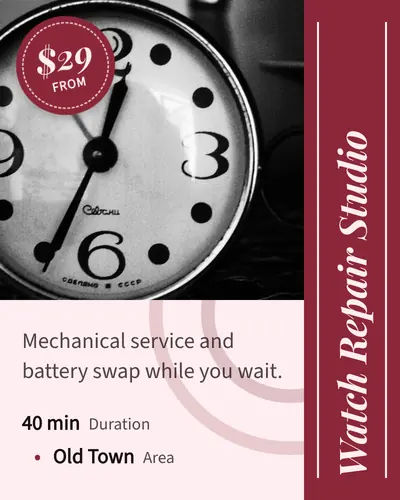 Card design vertical-title-02 in the premium mood — sample card “Watch Repair Studio”