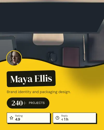 Card design wave-split-02 in the playful mood — sample card “Maya Ellis”