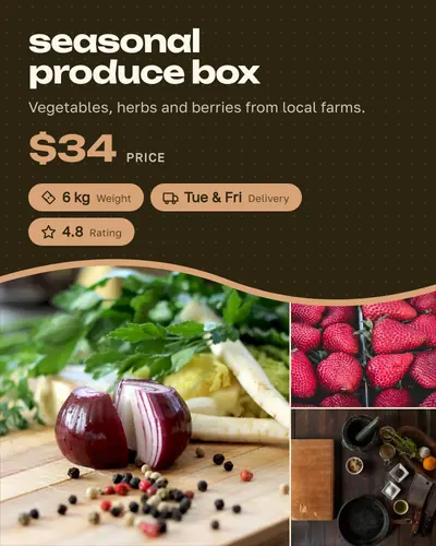 Card design wave-split-03 in the modern mood — sample card “Seasonal Produce Box”