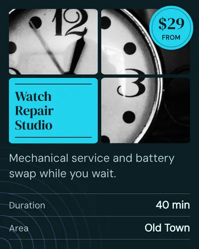 Card design window-panes-01 in the premium mood — sample card “Watch Repair Studio”