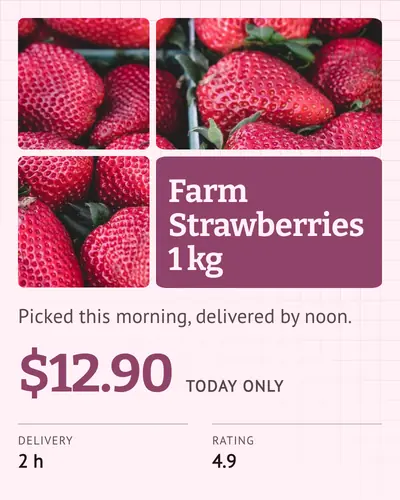Card design window-panes-02 in the editorial mood — sample card “Farm Strawberries 1 kg”