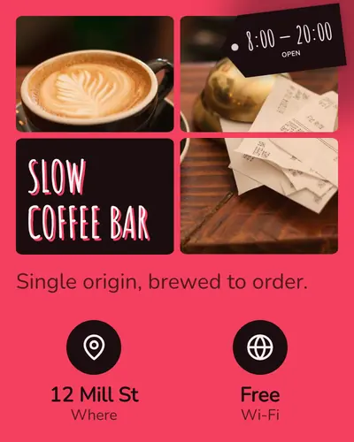 Card design window-panes-03 in the playful mood — sample card “Slow Coffee Bar”