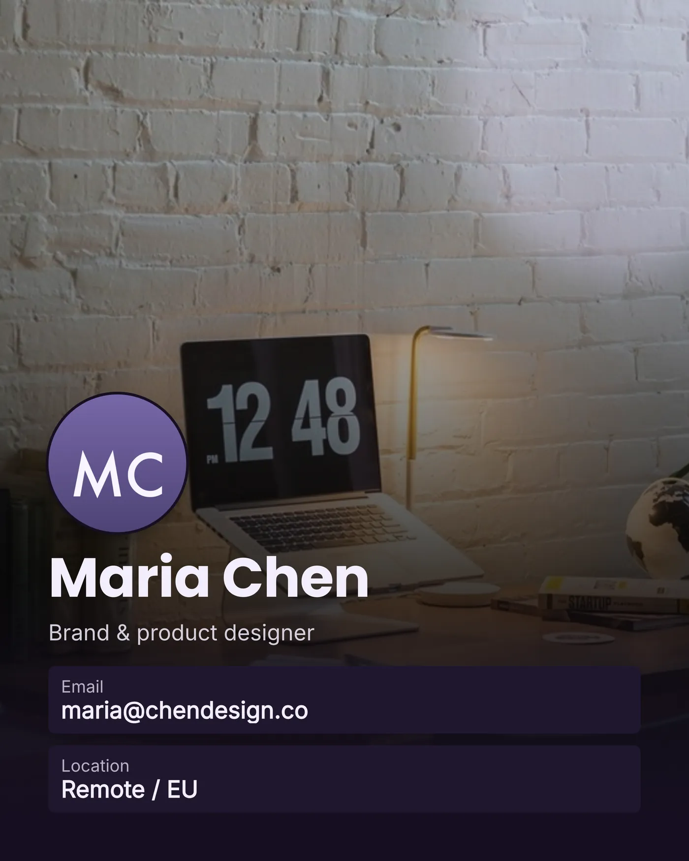 A freelancer profile card for a brand designer, generated by Card Generator