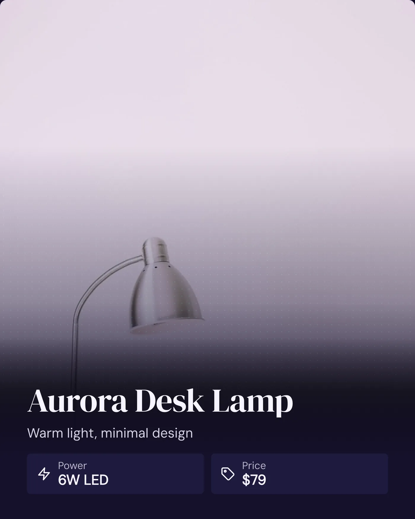 A product listing card for a desk lamp, generated by Card Generator