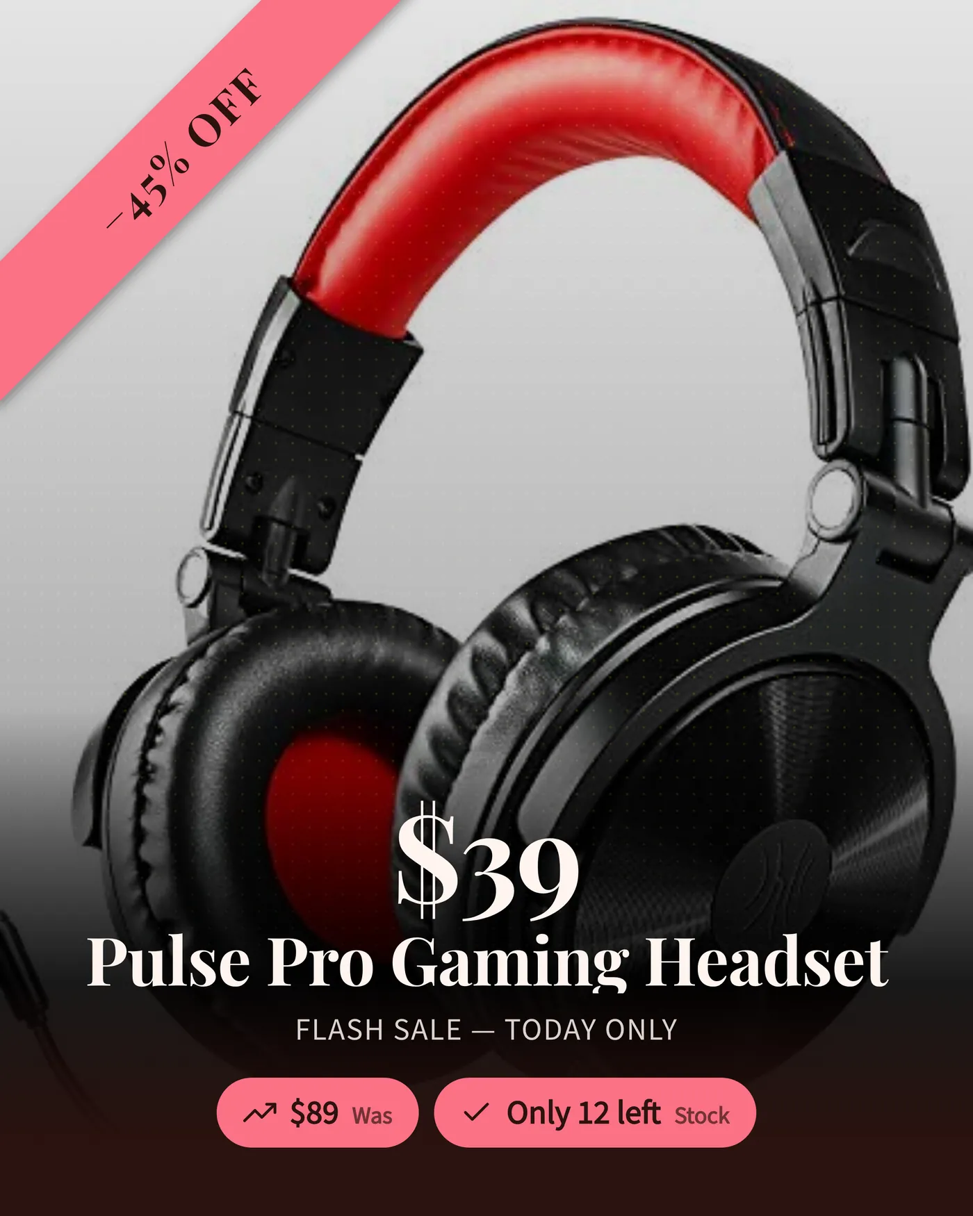 A flash-sale product card for a gaming headset with a large price and a corner discount ribbon, generated by Card Generator