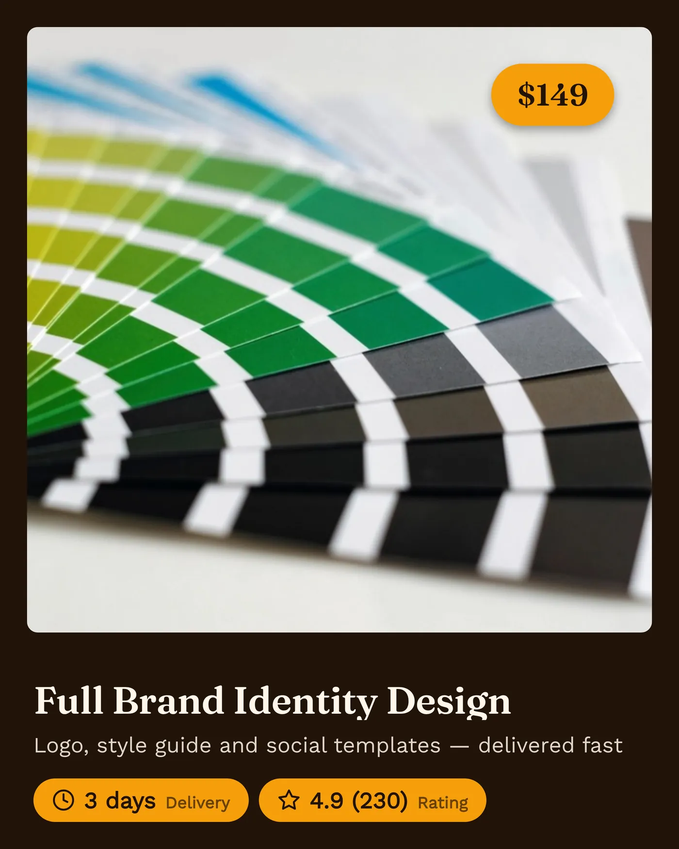 A gig-style service listing card with a price badge, rating, and delivery time, generated by Card Generator