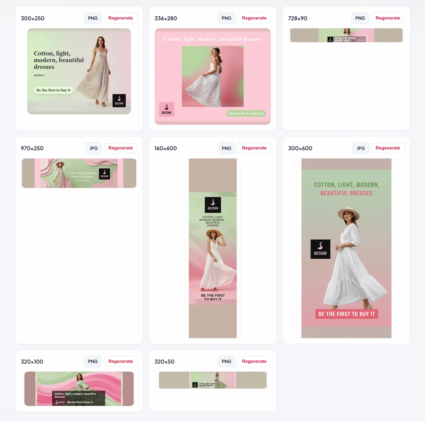Eight Google Display banners generated from one brief — 300×250, 336×280, 728×90, 970×250, 160×600, 300×600, 320×100 and 320×50 — each with a download and a regenerate control